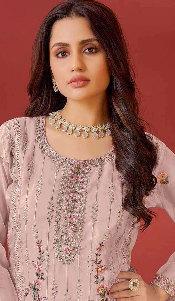 Beige Organza Embroidered Pakistani Style Salwar Kameez - 10412193847