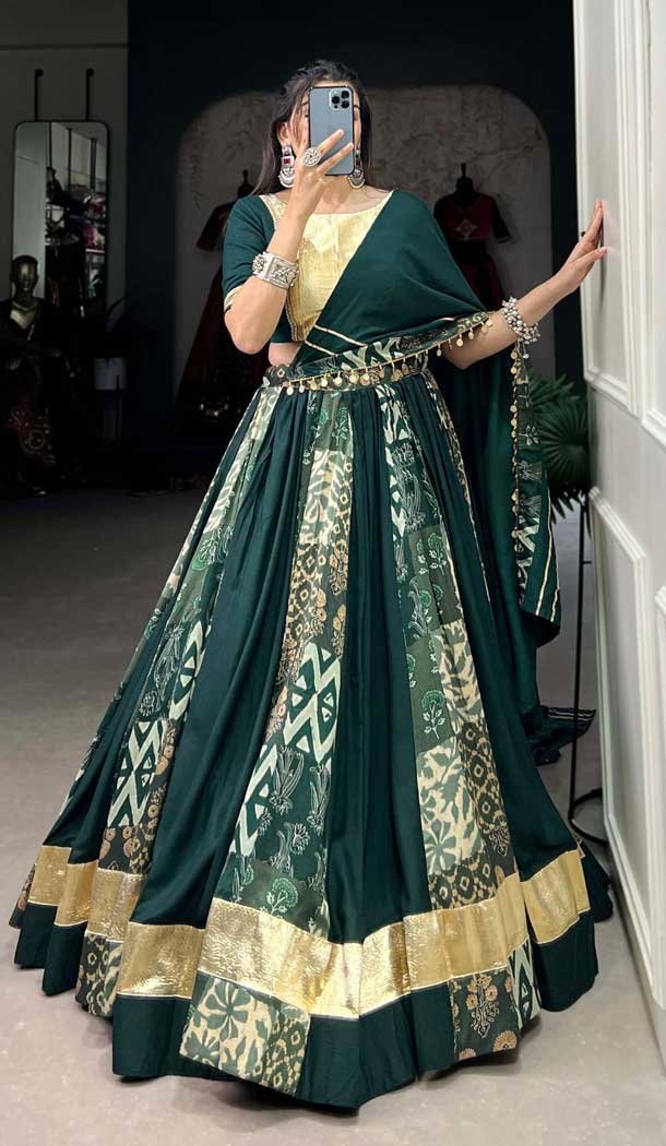 Rayon Printed Party Wear Lehenga Choli In Green - 10431193849