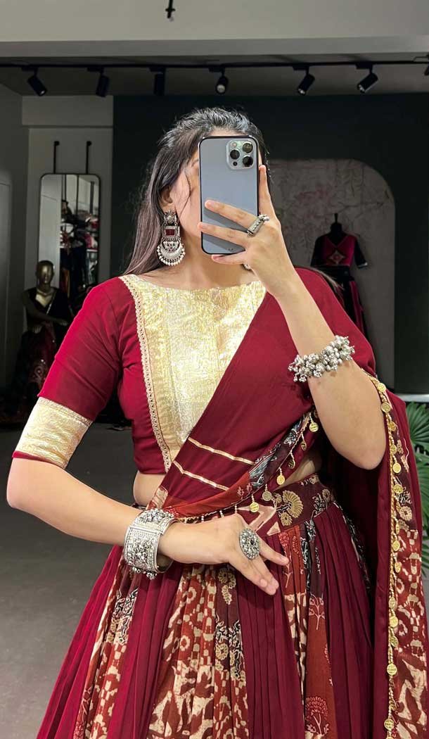 Rayon Printed Party Wear Lehenga Choli In Maroon - 10431193850