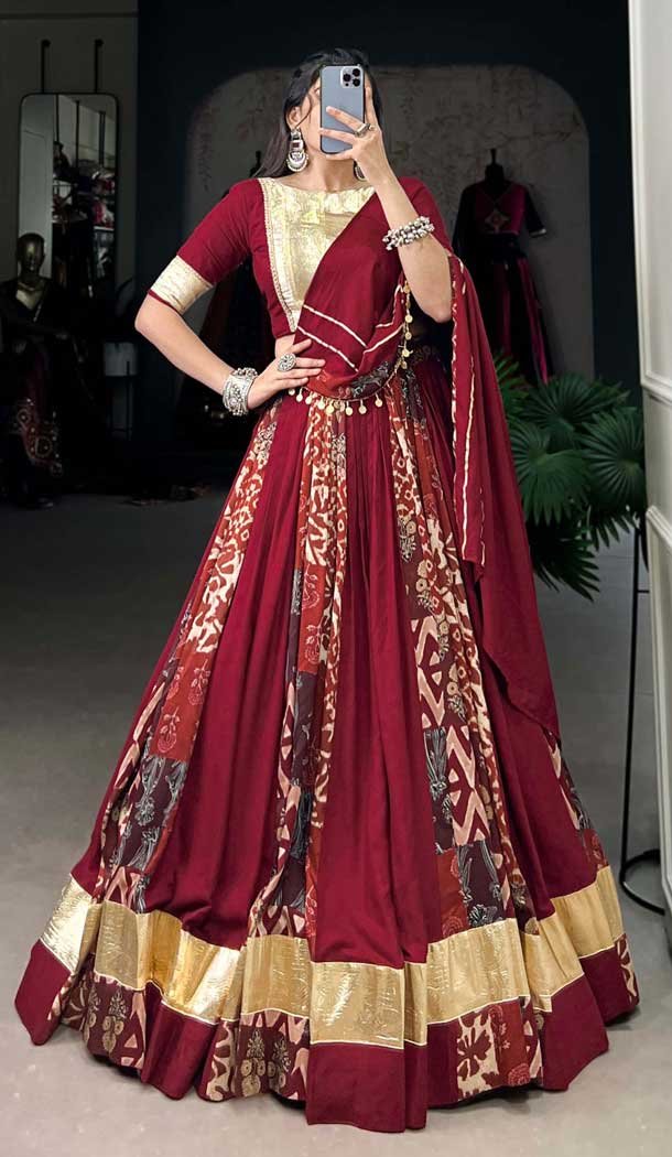 Rayon Printed Party Wear Lehenga Choli In Maroon - 10431193850