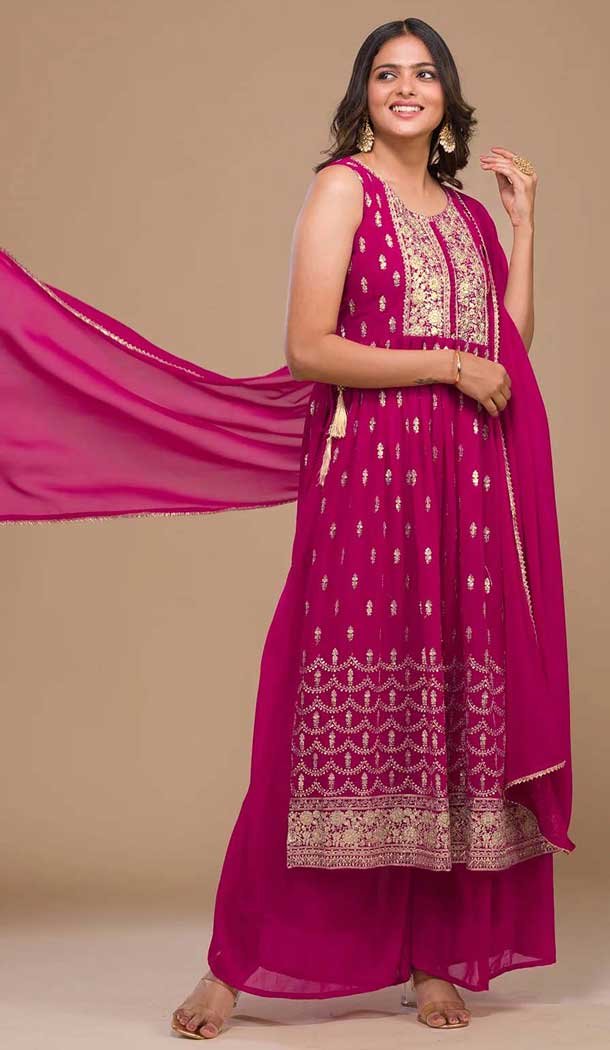Rani Pink Georgette Embroidered Pakistani Style Palazzo Salwar Suit -10422193879