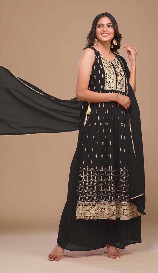 Black Georgette Embroidered Pakistani Style Palazzo Salwar Suit -10422193881