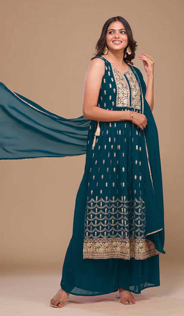 Teal Blue Georgette Embroidered Pakistani Style Palazzo Salwar Suit -10422193882