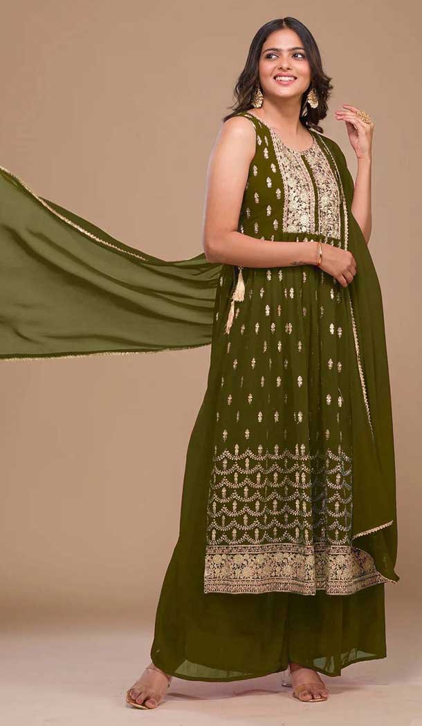 Mehendi Green Georgette Embroidered Pakistani Style Palazzo Salwar Suit -10422193883