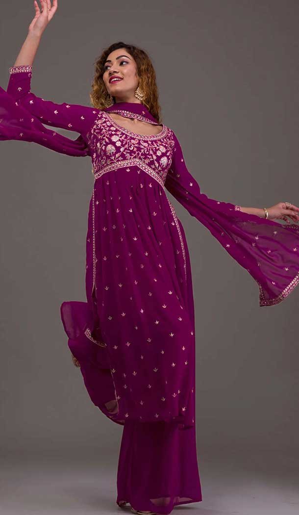 Purple Georgette Embroidered Readymade Palazzo Salwar Suit - 10425193894