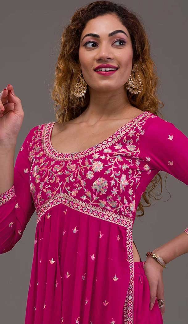 Rani Pink Georgette Embroidered Readymade Palazzo Salwar Suit - 10425193895