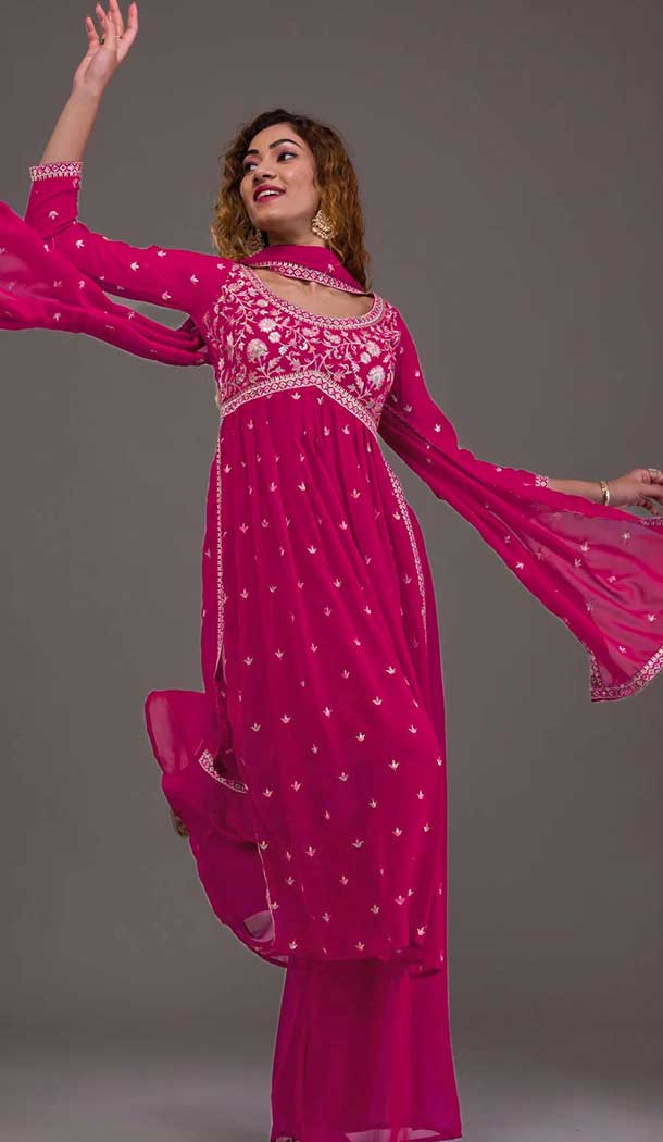 Rani Pink Georgette Embroidered Readymade Palazzo Salwar Suit - 10425193895