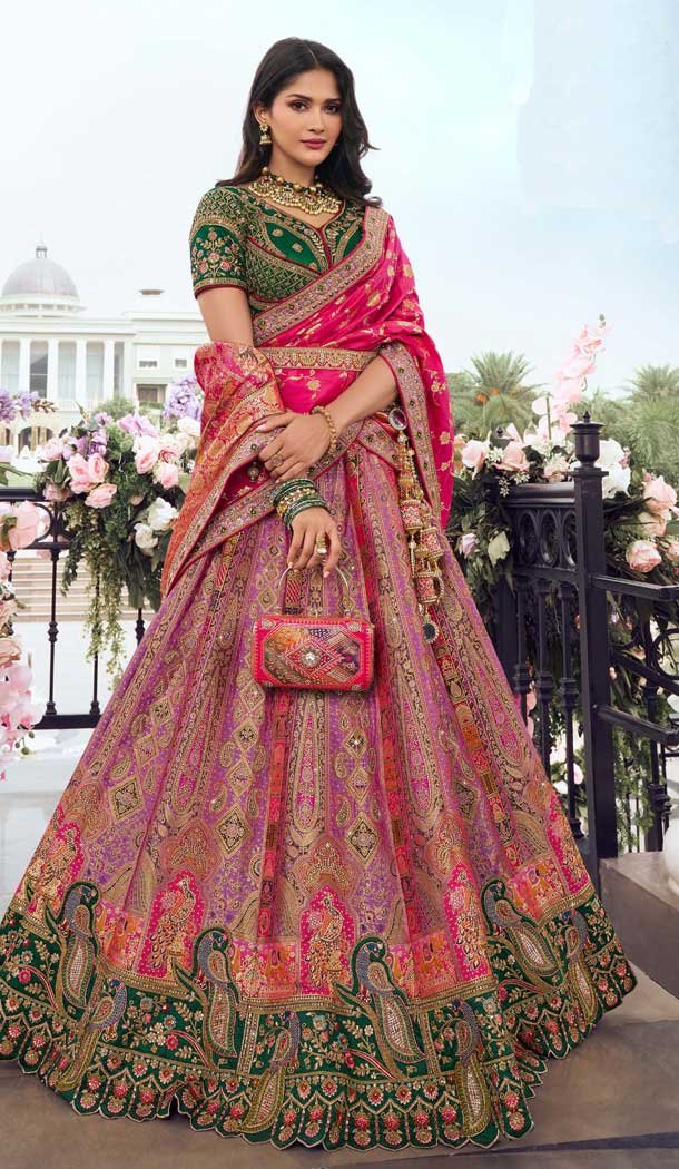 Multi Color Banarasi Silk Embroidered Wedding Wear Lehenga Choli - 10440193959