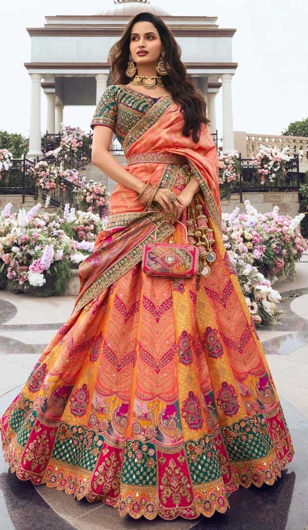 Yellow Banarasi Silk Embroidered Wedding Wear Lehenga Choli - 10440193961