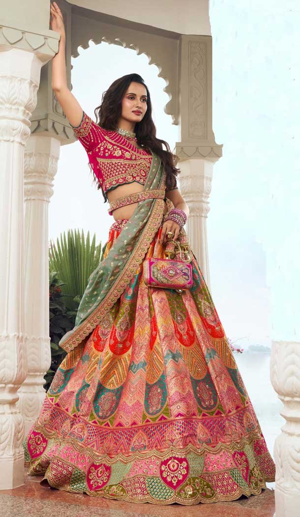 Orange And Pink Banarasi Silk Embroidered Wedding Wear Lehenga Choli - 10440193963