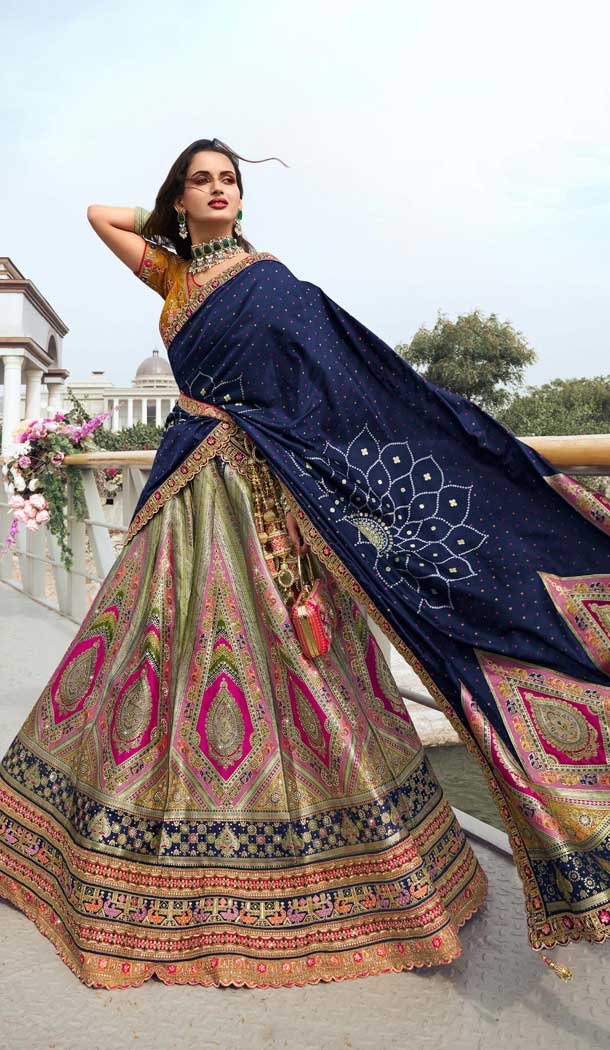 Blue And Green Banarasi Silk Embroidered Wedding Wear Lehenga Choli - 10440193965