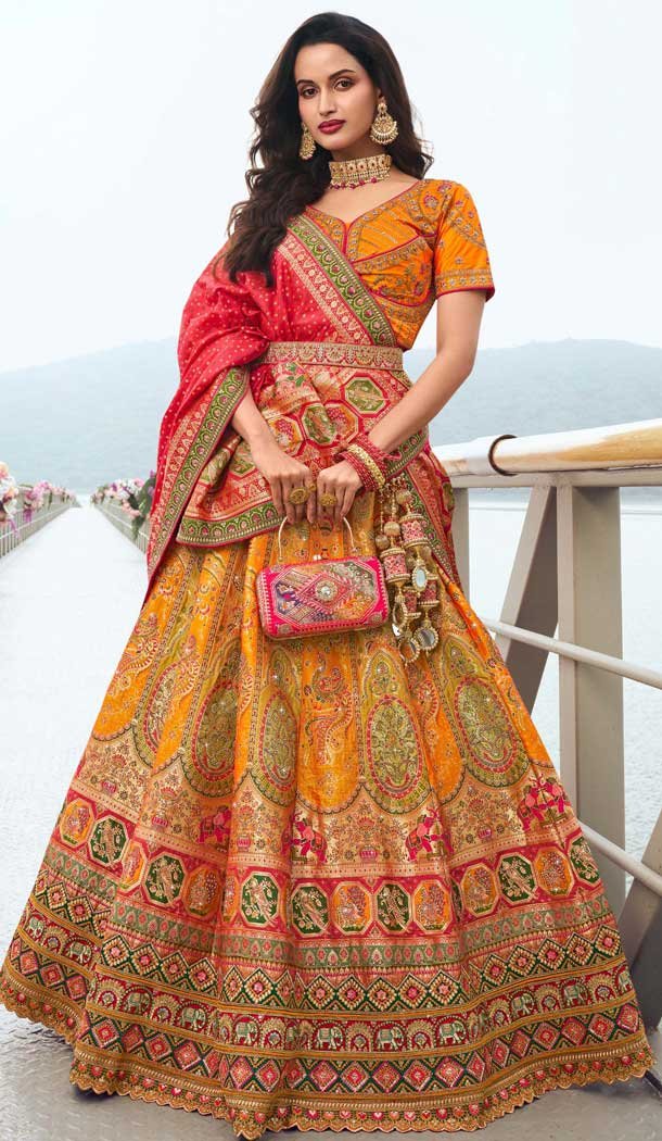Mustard Banarasi Silk Embroidered Wedding Wear Lehenga Choli - 10440193966