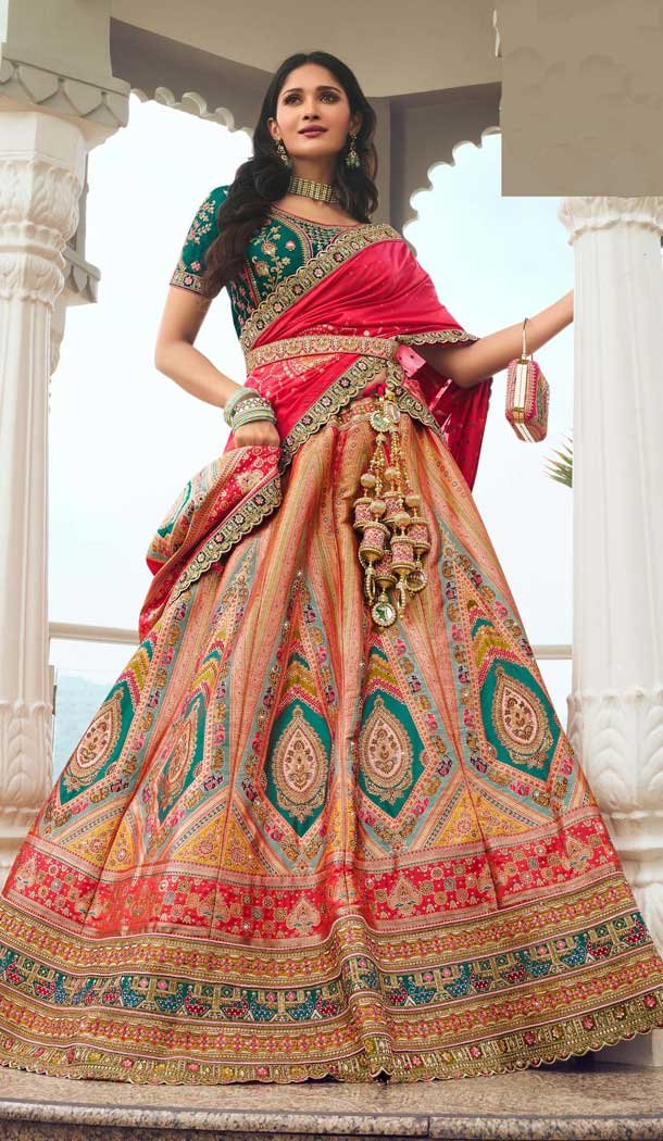Peach Banarasi Silk Embroidered Wedding Wear Lehenga Choli - 10440193967