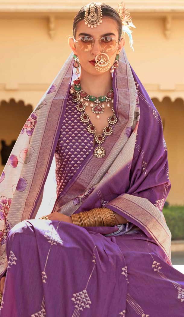 Purple Silk Foil Print Work Traditional Wear Saree - 10442193976