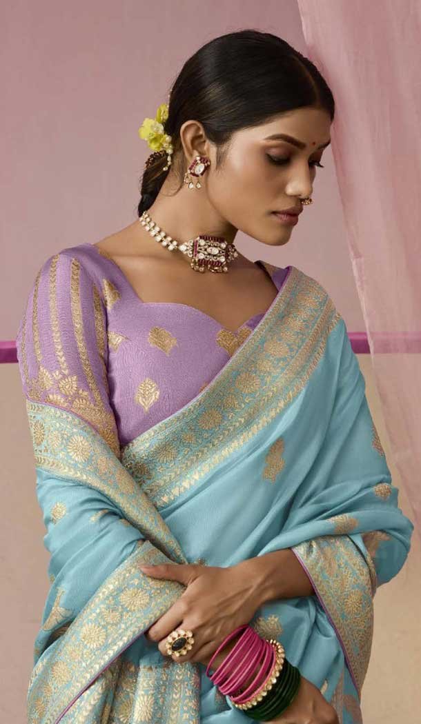Sky Blue Viscose Silk Zari Work Designer Wear Saree - 10447194005