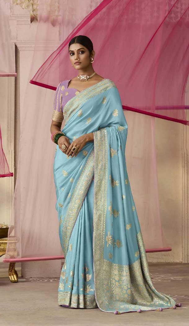 Sky Blue Viscose Silk Zari Work Designer Wear Saree - 10447194005