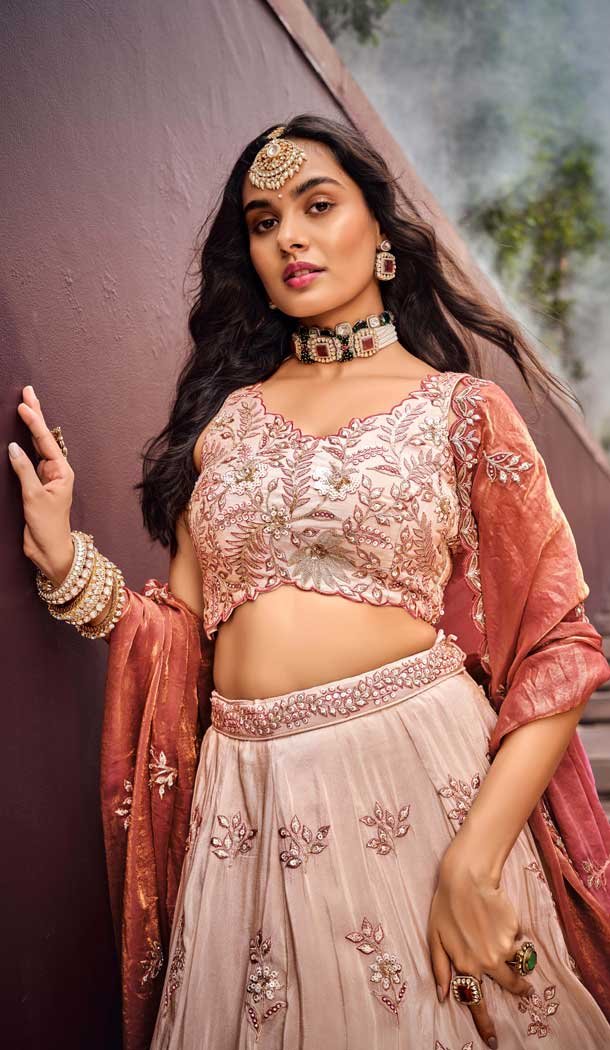 Viscose Rayon Embroidered Designer Wear Lehenga Choli In Rose Gold - 10451194034