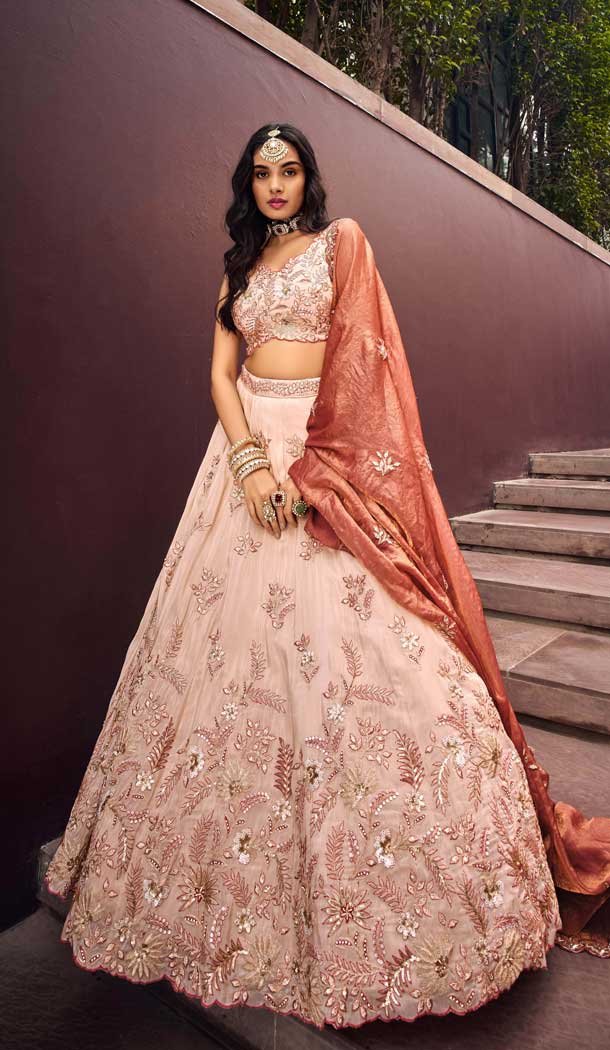 Viscose Rayon Embroidered Designer Wear Lehenga Choli In Rose Gold - 10451194034