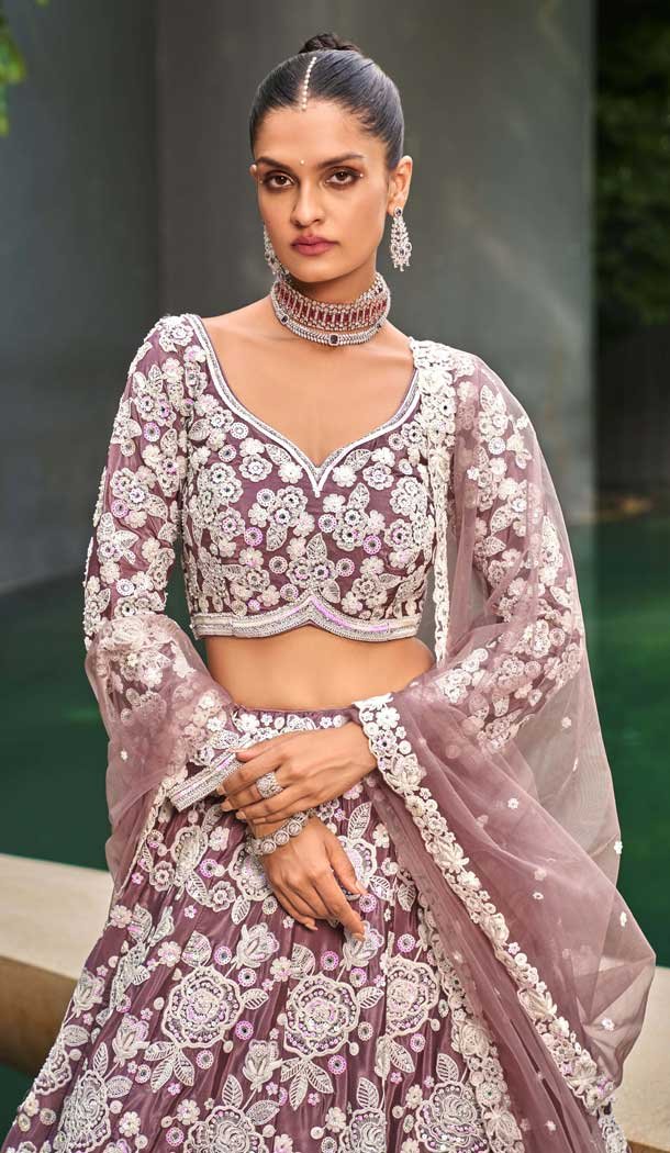 Satin Embroidered Designer Wear Lehenga Choli In Lavender - 10451194035