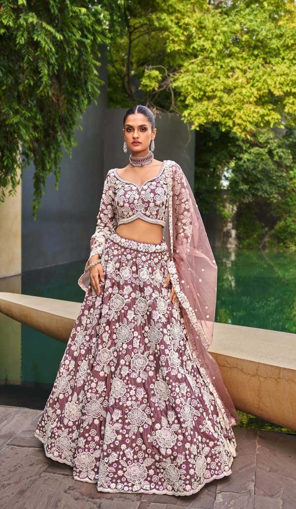 Satin Embroidered Designer Wear Lehenga Choli In Lavender - 10451194035