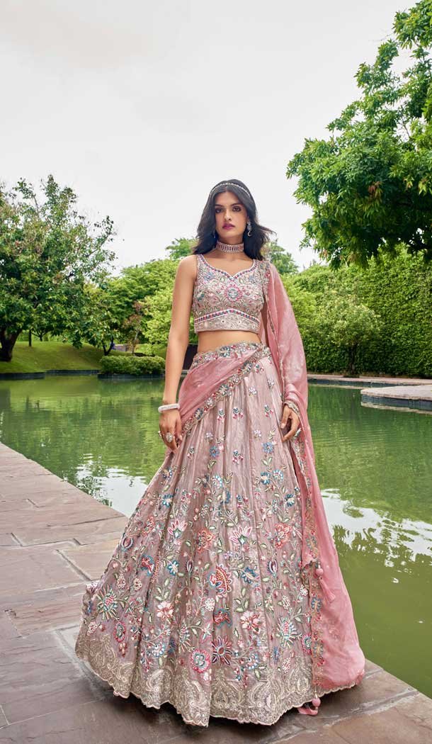 Organza Embroidered Designer Wear Lehenga Choli In Rose Gold - 10451194037