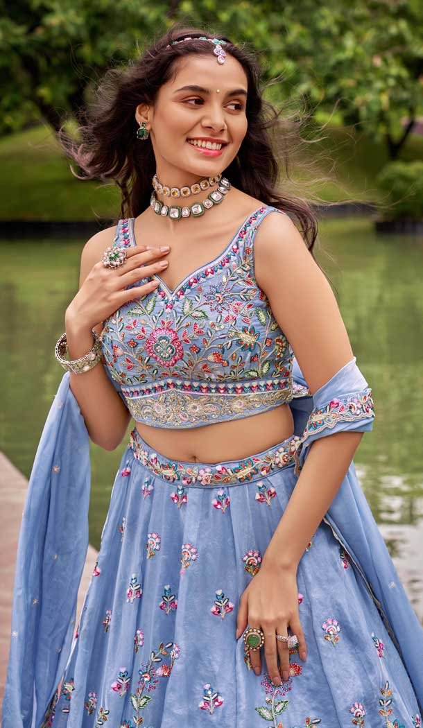 Organza Embroidered Designer Wear Lehenga Choli In Turquoise Blue - 10451194038