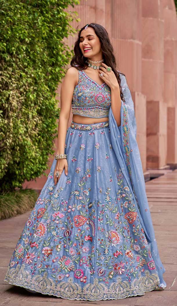 Organza Embroidered Designer Wear Lehenga Choli In Turquoise Blue - 10451194038