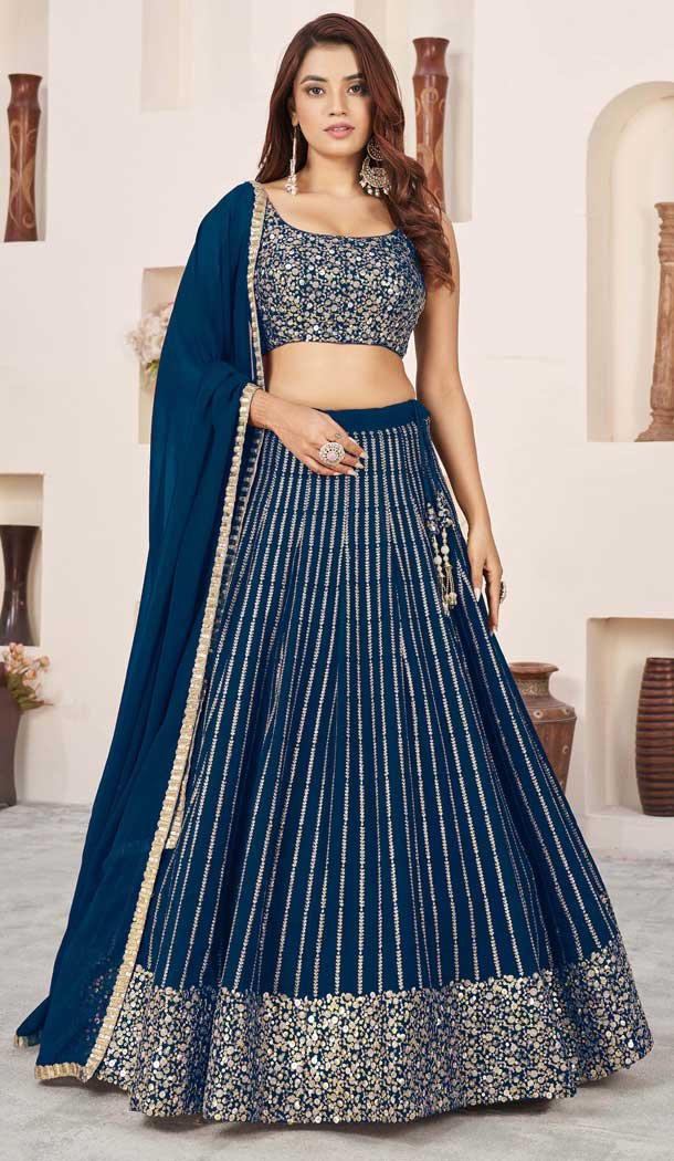 Georgette Leheriya Printed Party Wear Lehenga Choli In Navy Blue - 10452194039