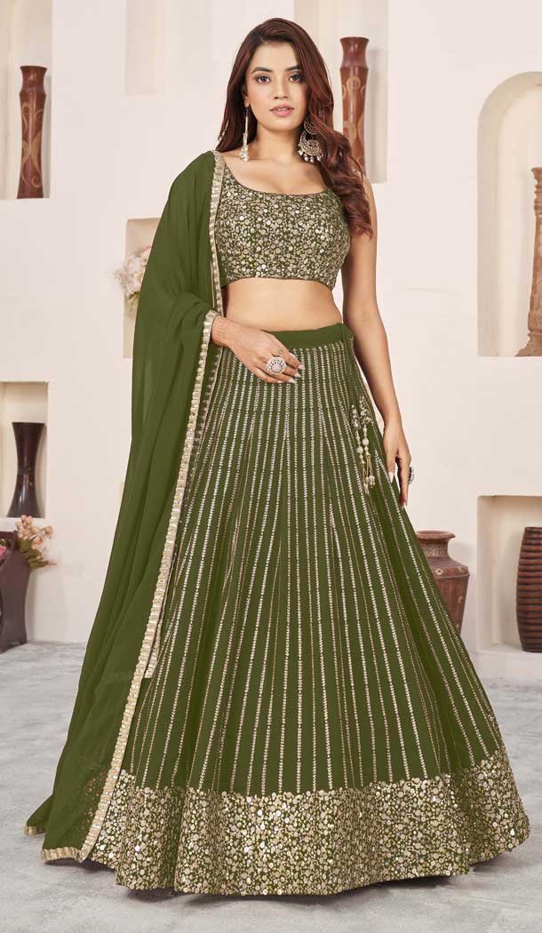 Georgette Leheriya Printed Party Wear Lehenga Choli In Olive Green - 10452194041