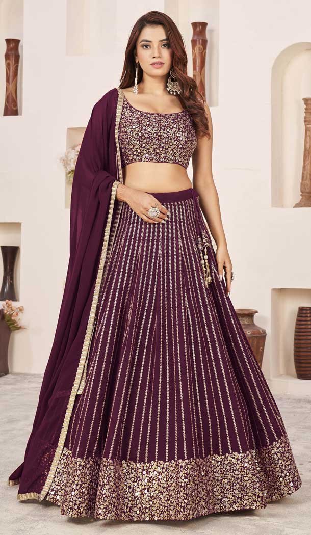 Georgette Leheriya Printed Party Wear Lehenga Choli In Wine - 10452194042