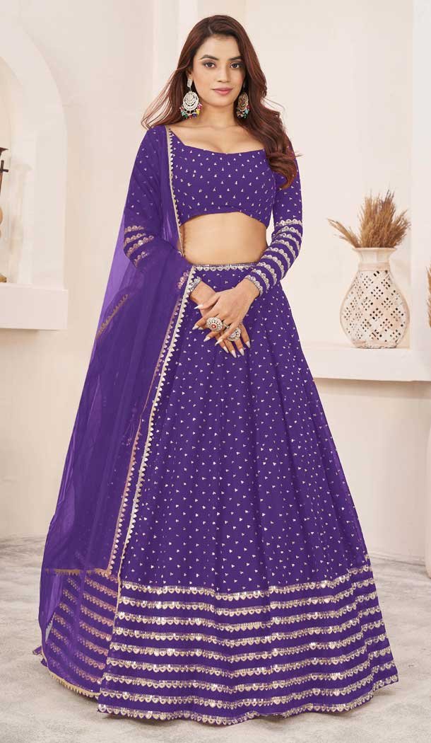 Georgette Leheriya Printed Party Wear Lehenga Choli In Violet - 10452194045