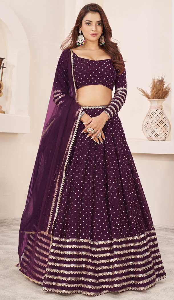 Wine Georgette Leheriya Printed Party Wear Lehenga Choli - 10452194046
