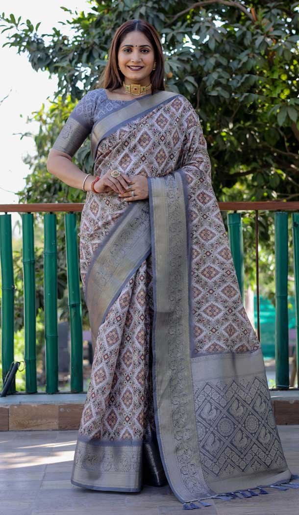 Grey Dola Silk Printed Traditional Wear Saree - 10457194065