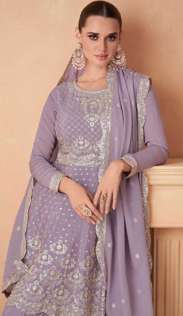 Chinon Sequins Work Pakistani Style Sharara Suit In Lavender - 10471194125