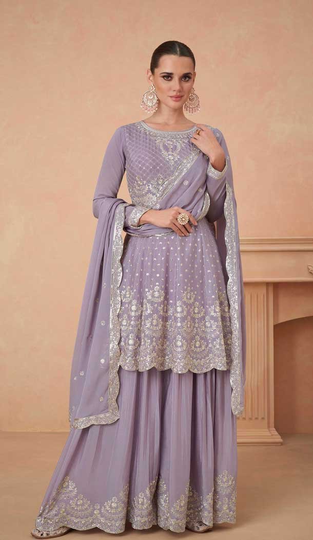 Chinon Sequins Work Pakistani Style Sharara Suit In Lavender - 10471194125