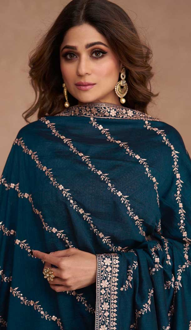 Teal Blue Premium Silk Embroidered Party Wear Salwar Kameez  - 10472194131