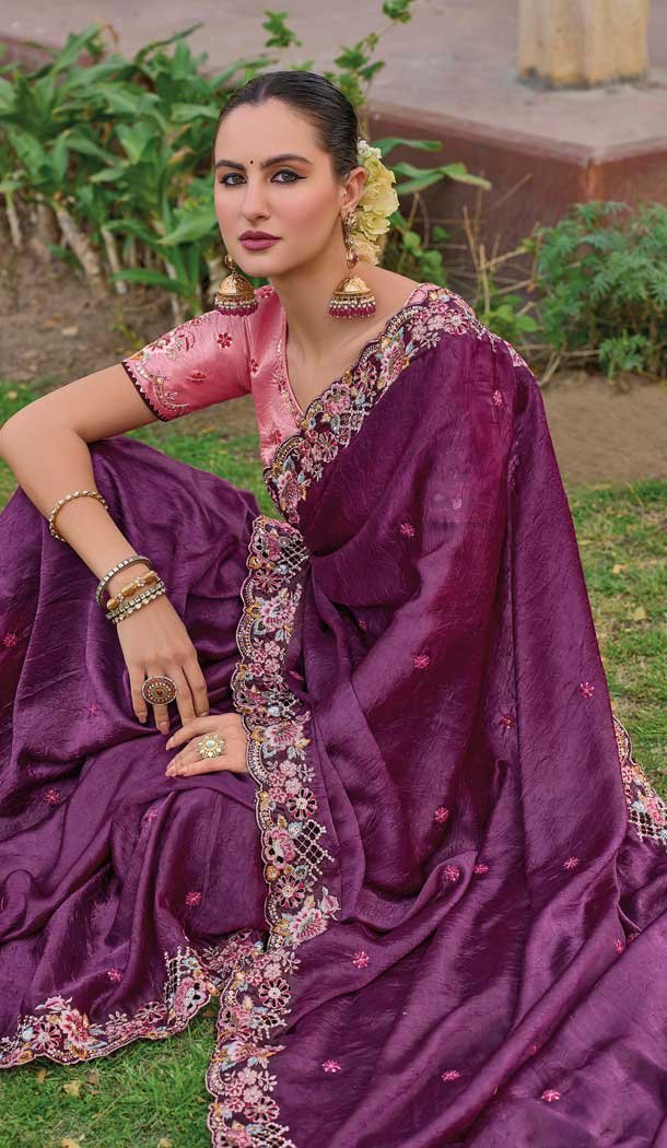 Purple Organza Silk Sequins Work Designer Wear Saree - 10492194213
