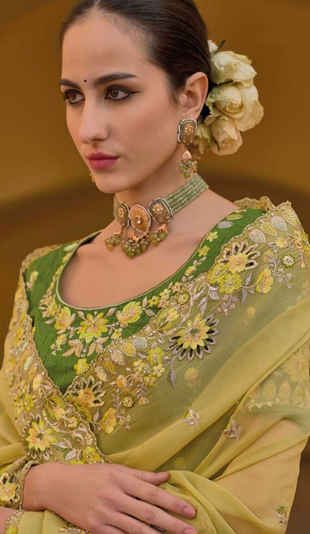 Light Yellow Organza Silk Sequins Work Designer Wear Saree - 10492194215