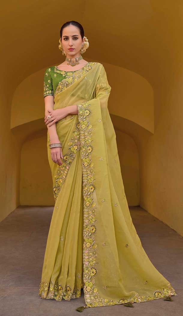 Light Yellow Organza Silk Sequins Work Designer Wear Saree - 10492194215
