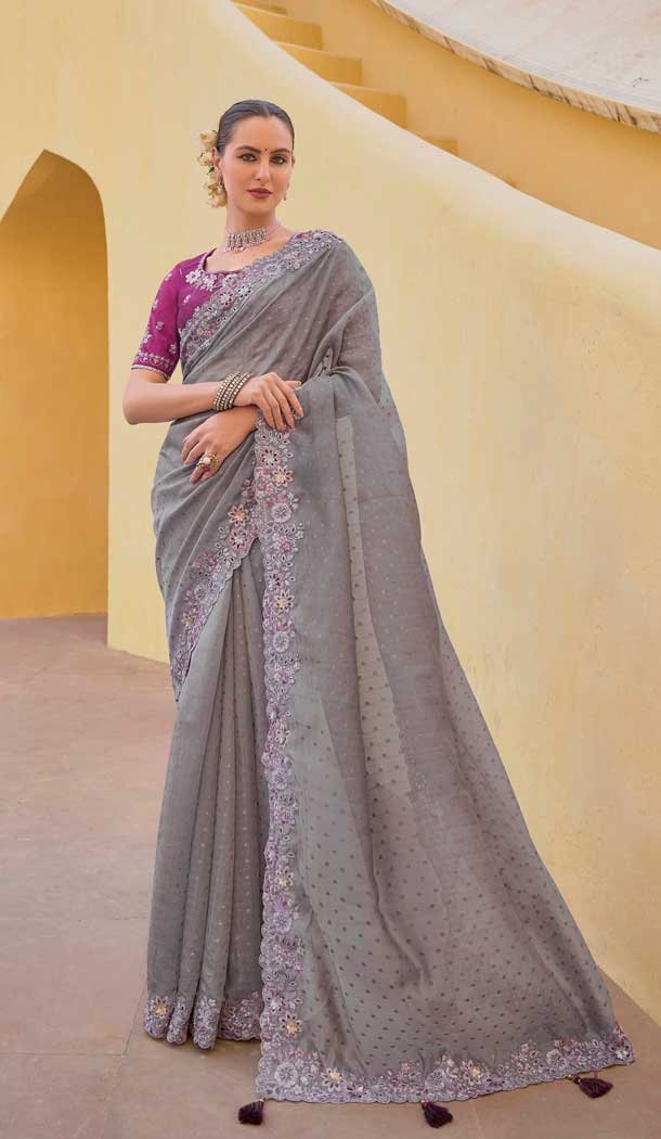 Grey Organza Silk Sequins Work Designer Wear Saree - 10492194216