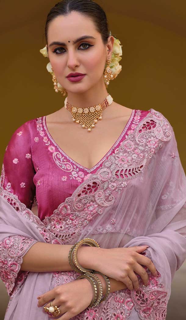 Organza Silk Sequins Work Designer Wear Saree In Lavender - 10492194219