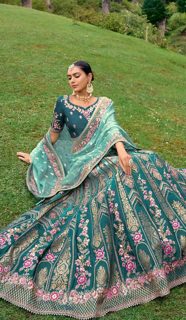 Teal Green Silk Sequins Work Wedding Wear Lehenga Choli - 10493194222