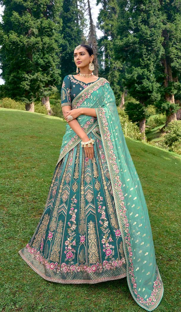 Teal Green Silk Sequins Work Wedding Wear Lehenga Choli - 10493194222