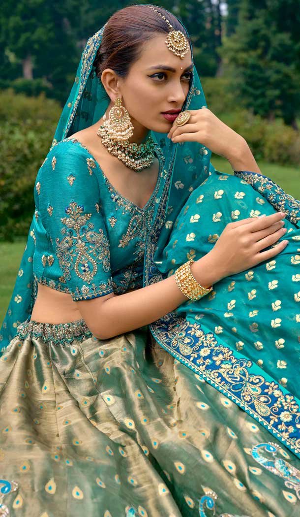 Dusty Green Silk Sequins Work Wedding Wear Lehenga Choli - 10493194227