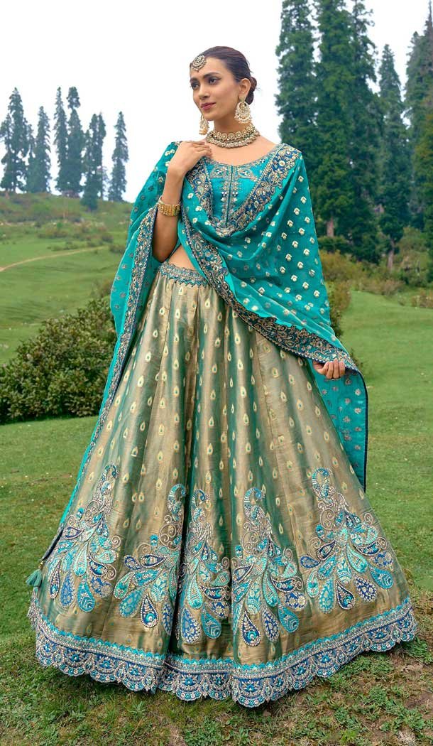 Dusty Green Silk Sequins Work Wedding Wear Lehenga Choli - 10493194227