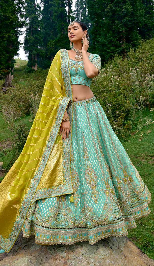 Sea Green Silk Sequins Work Wedding Wear Lehenga Choli - 10493194229