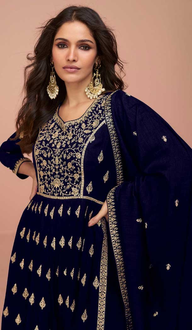 Vichitra Silk Sequins Work Pakistani Style Palazzo Salwar Suit In Navy Blue - 10494194235