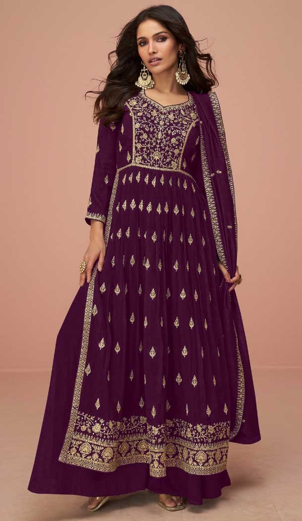 Vichitra Silk Sequins Work Pakistani Style Palazzo Salwar Suit In Purple - 10494194237