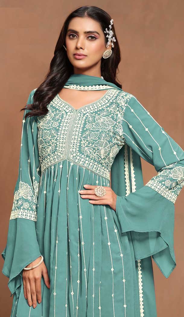 Faux Georgette Sequins Work Party Wear Palazzo Suit In Sky Blue - 10498194254