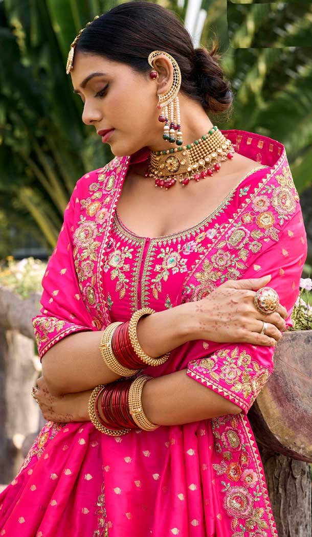 Rani Pink Banarasi Silk Resham Work Wedding Wear Lehenga Choli - 10500194261